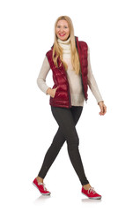 Fototapeta premium Blond hair girl in bordo vest isolated on white