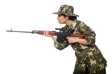 Woman with sniper weapong isolated on white