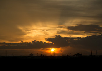 silhouette city view over sunset time