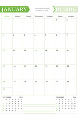 January 2016. Monthly Calendar Planner for 2016 Year. Vector Design Print Template with Place for Notes. Week Starts Sunday. Portrait Orientation