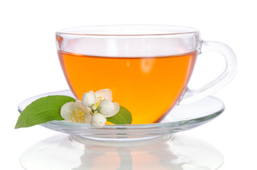 Glass cup of tea with jasmine on the white background