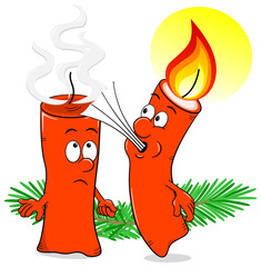 Cartoon weihnachtskerze bläst eine andere Kerze aus 