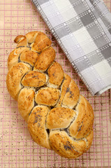 poppy seed plait on a pink cooling rack