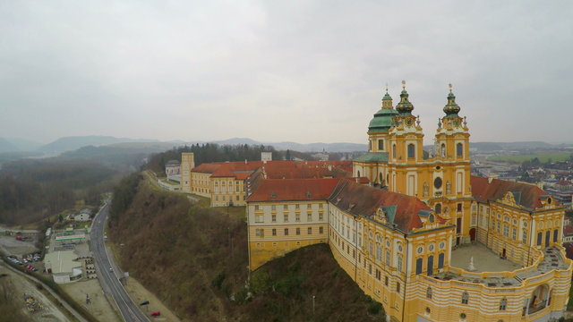 Aerial view, beautiful old catholic abbey courtyard, baroque style architecture