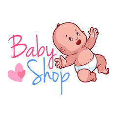 Baby shop logo. Cute toddler in diaper.