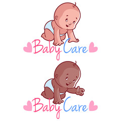 Two toddler. Vector illustration on a white background. Baby car