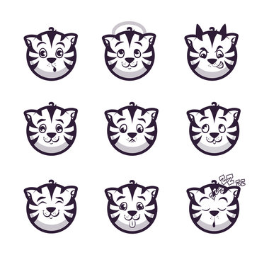 Set smiles tiger. Monochrome emotions icons.