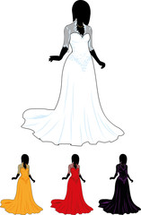 silhouette beautiful woman in white wedding gown and orange red black color variations isolated illustrations