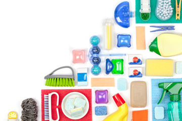 cleaning supplies on white background