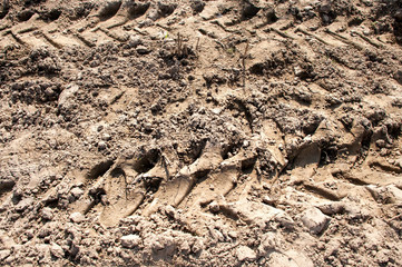 Wheel tracks on red color marshy road.