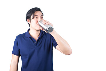 Happy Asian man with bottle of water isolated on the white backg