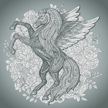Hand drawn Pegasus mythological winged horse 