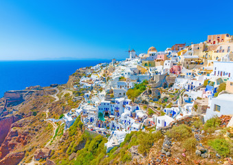 Fototapeta na wymiar View to the sea from Oia the most beautiful village of Santorini island in Greece