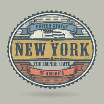 Stamp or label with the text United States of America, New York
