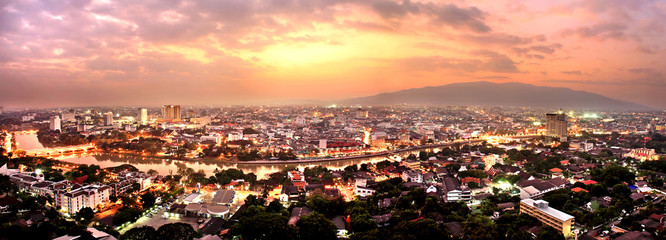 Aerial view of Ping River across Chiang Mai city with beautiful - obrazy, fototapety, plakaty