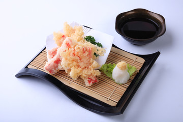 Crab stick Tempura, deep fried sliced squid in japanese dish iso
