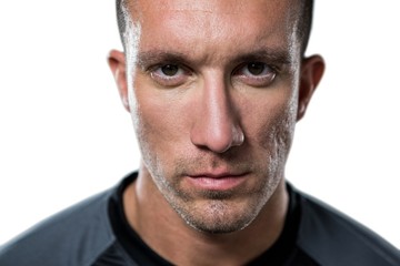 Close-up portrait of serious rugby player