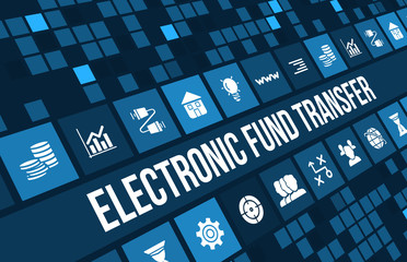 Electronic fund transfer concept image with business icons and copyspace.