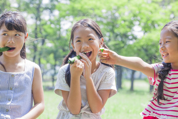Fototapeta premium きゅうりを食べる小学生