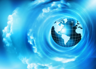 Best Internet Concept of global business. Globe and glowing lines on technological background. Electronics, Wi-Fi, rays, symbols of the Internet, television, mobile and satellite communications