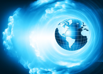 Best Internet Concept of global business. Globe and glowing lines on technological background. Electronics, Wi-Fi, rays, symbols of the Internet, television, mobile and satellite communications
