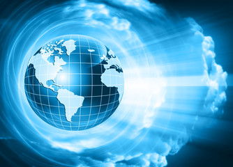Best Internet Concept of global business. Globe and glowing lines on technological background. Electronics, Wi-Fi, rays, symbols of the Internet, television, mobile and satellite communications