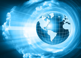Best Internet Concept of global business. Globe and glowing lines on technological background. Electronics, Wi-Fi, rays, symbols of the Internet, television, mobile and satellite communications