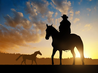 Fototapeta na wymiar Silhouette cowboy with horse in the sunset 