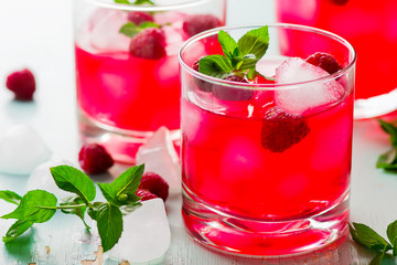 cold drink with raspberry, mint and ice