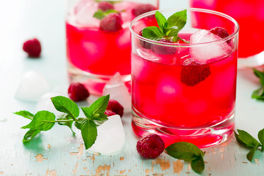 Cold Drink With Raspberry, Mint And Ice