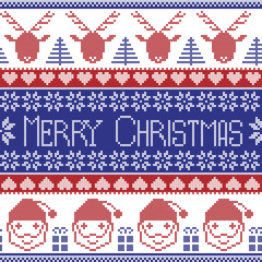 Dark blue and red Scandinavian Merry Christmas pattern with Santa Claus, xmas presents, reindeer, decorative ornaments,  snowflakes, stars, xmas trees in nordic style knitted cross stitch 
