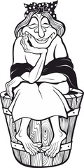 The smiling old witch on a wooden bucket