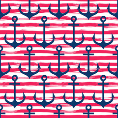 Hand drawn seamless pattern. Anchors on striped background