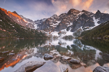 Morskie Oko lake in the Tatra Mountains, Poland at sunset © sara_winter