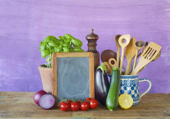 Various vegetables, menu black board, kitchen utensils,free copy