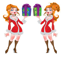 New Year's girls with gifts variated coiffure in Santa dress