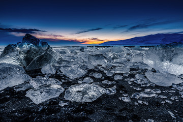 Icebergs at sunset, Jokulsarlon ice lagoon in Iceland