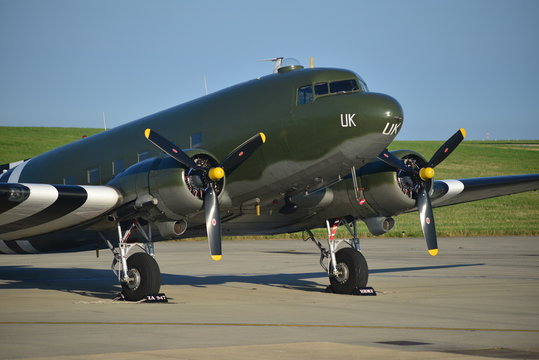 Douglas Dakota DC3, U.K.  WW2 military aircraft, stationary at Jersey Airport for the annual Airshow.