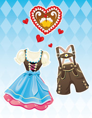 Oktoberfest Dirndl Dress and Lederhosen Traditional German Clothes isolated on Bavarian pattern background