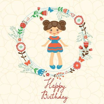 Cute Happy Birthday card with happy girl in floral wreath
