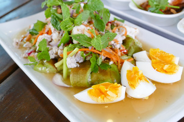 spicy salad mixing of grilled eggplant, minced pork