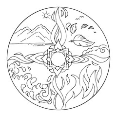 Coloring 4 elements Mandala Diksha. Earth, air,fire,water.