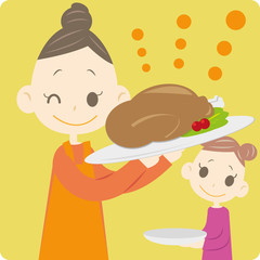 ローストチキンを手にウィンクするママと手伝う娘