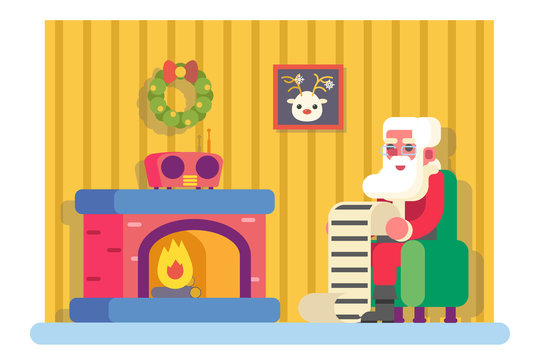 New Year Santa Claus Fireplace Armchair Hold Children Gift List