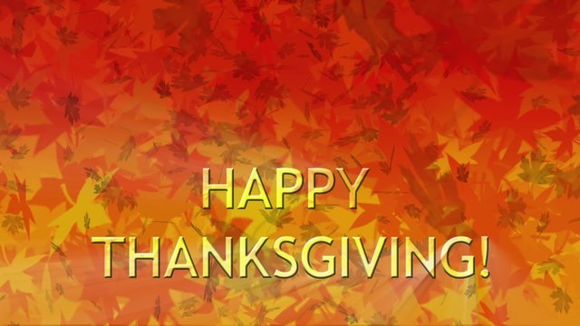 "Happy Thanksgiving!" greeting is displayed over a perfectly seamless (no fade) looping background with a colorful display of falling autumn leaves. 