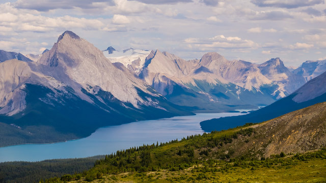 View of Maligne Lake and peaks from the Bald Hills in Jasper Nat