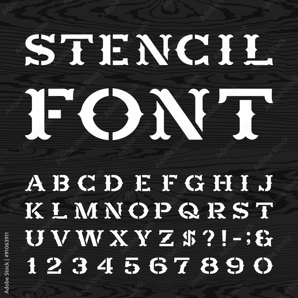 Fototapete western style retro alphabet vector stencil font. serif type dirty letters, numbers and symbols on t