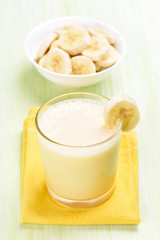 Milk cocktail with banana in glass