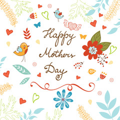 Happy Mothers's Day card with flowers and birds