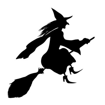 Witch on a broomstick. Black silhouette.